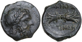 Sicily. Akragas. AE 14 mm, after 210 BC. Obv. Laureate head of Zeus right. Rev. Thunderbolt. CNS I 148. AE. 1.67 g. 14.00 mm. Cleaning marks. VF.
