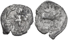 Sicily. Entella. AR Litra, 430-420 BC. Obv. Female figure standing left, sacrificing from patera over altar and holding large key in the arm. Rev. Bul...