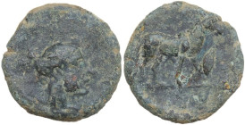 Sicily. Eryx. AE Onkia, c. 400-340 BC. Obv. Female head (Aphrodite?) right. Rev. Horse standing right; to right, grain of barley. Cf. CNS I 16 (no gra...