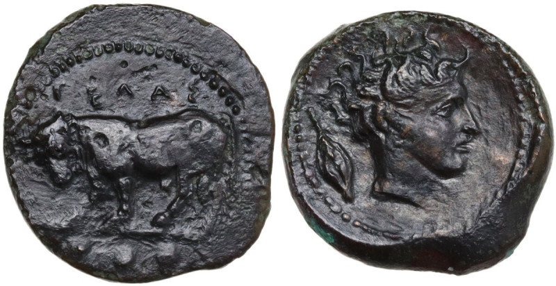Sicily. Gela. AE Tetras, 420-405 BC. Obv. Bull standing left; in exergue, three ...