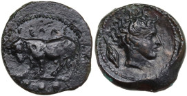 Sicily. Gela. AE Tetras, 420-405 BC. Obv. Bull standing left; in exergue, three pellets. Rev. Head of river god right; behind, corn of barley. CNS III...