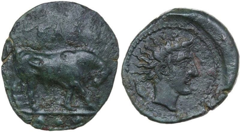 Sicily. Gela. AE Tetras, 420-405 BC. Obv. Bull standing right with lowered head;...