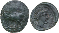 Sicily. Gela. AE Tetras, 420-405 BC. Obv. Bull standing right with lowered head; in exergue, three pellets. Rev. Head of river-god right, horned; behi...