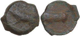 Sicily. Halykiai. AE Tetras, c. 408-407 BC. Obv. Man-headed bull standing left. Rev. Boar left; [above, three pellets]. HGC 2 493 (Himeraia?); CNS I 4...