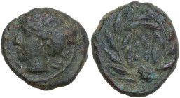 Sicily. Himera. AE Hemilitron-Hexonkion, c. 415-409 BC. Obv. Female head left, wearing sphendone; before, six pellets. Rev. Six pellets; all within la...