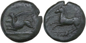 Sicily. Kainon. AE 22 mm, c. 365 BC. Obv. Griffin leaping right. Rev. Horse galloping right. CNS I 1. AE. 13.72 g. 22.00 mm. VF.