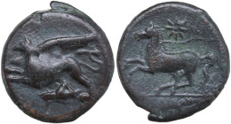 Sicily. Kainon. AE 23 mm, c. 365 BC. Obv. Griffin leaping left; below, grasshopper. Rev. Horse galloping left; above, star. CNS I 10. AE. 8.33 g. 23.0...