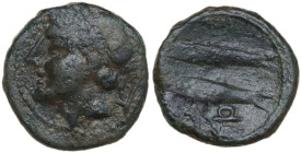 Sicily. Leontini. Roman Rule. AE 11 mm, after 212 BC. Obv. Laureate head of Apollo left. Rev. Two fish; below, monogram. CNS III 17. AE. 1.35 g. 11.00...