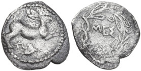 Sicily. Messana. AR Litra, 461-396 BC. Obv. Hare leaping right; below, ivy leaf. Rev. MEΣ within olive-wreath. SNG Cop. 411; HGC 2 814. AR. 0.47 g. 12...