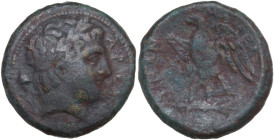 Sicily. Messana. The Mamertini. AE 27 mm, 288-270 BC. Obv. Laureate head of Ares right; behind, helmet. Rev. Eagle standing left on thunderbolt; behin...