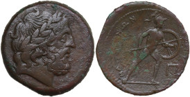 Sicily. Messana. The Mamertini. AE Pentonkion, 220-200 BC. Obv. Laureate head of Zeus right. Rev. Warrior striding right, holding spear and shield. CN...
