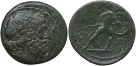 Sicily. Messana. The Mamertini. AE Pentonkion, 220-200 BC. Obv. Laureate head of Zeus right. Rev. Warrior striding right, holding spear and round shie...