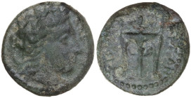 Sicily. Morgantina. AE 14 mm, 339-317 BC. Obv. Laureate head of Apollo right. Rev. Tripod. CNS III 7. AE. 3.20 g. 14.00 mm. About VF.