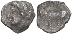 Sicily. Panormos. AR Litra, c. 400-380 BC. Obv. Youthful male head left. Rev. Man-headed bull standing left. HGC 2 1047; SNG ANS 551. AR. 0.60 g. 10.0...