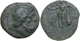 Sicily. Panormos. AE 22.5 mm, after 241 BC. Obv. Laureate head of Zeus right. Rev. Warrior standing left, holding patera and spear, shield at feet. HG...