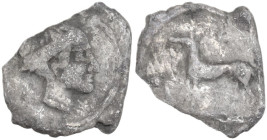 Sicily. Segesta. AR Hemilitron, 412-400 BC. Obv. Head of nymph Aigiste right. Rev. Hound standing left; before, volute. HGC 2 1178; SNG Cop. 580. AR. ...