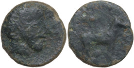 Sicily. Segesta. AE Hexas, 416-415 BC. Obv. Head of nymph right. Rev. Dog standing right; above and below, pellet. CNS I 7; HGC 2 1195. AE. 8.07 g. 21...