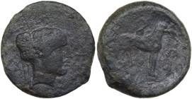Sicily. Segesta. AE Trias, 410-400 BC. Obv. Head of nymph Segesta right. Rev. Hound standing r.; four annulets. CNS I 25; HGC 2 1182. AE. 7.93 g. 20.0...