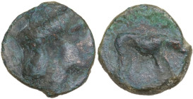 Sicily. Segesta. AE 16 mm., c. 390-380 BC. Obv. Anepigraphic. Head of Aigiste right. Rev. Hound scenting right. HGC 2 1200; CNS I 46. AE. 3.86 g. 16.0...