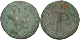 Sicily. Segesta. Roman protectorate. AE 22 mm, c. 210-mid 1st century BC. Obv. Turreted and draped bust of Tyche right. Rev. Warrior standing facing, ...