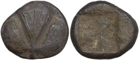 Sicily. Selinos. AR Didrachm, c. 540-515 BC. Obv. Celery leaf; pellets to upper right and left, pellets flanking stem. Rev. Incuse square divided into...