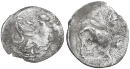 Sicily. Selinos. AR Litra, c. 417-409 BC. Obv. Nymph seated left; holding snake. Rev. Man-headed bull right. HGC 2 1229; SNG ANS 711-2. AR. 0.71 g. 13...