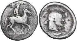Sicily. Syracuse. Hieron I (478-466 BC). AR Didrachm. Obv. Horseman right. Rev. Head of Arethusa right, surrounded by three dolphins. HGC 2 1353; Boeh...