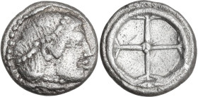 Sicily. Syracuse. Hieron I (478-466 BC). AR Obol, c. 475-470 BC. Obv. Diademed head of Arethusa right. Rev. Wheel of four spokes. HGC 2 1371; Boehring...