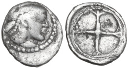 Sicily. Syracuse. Hieron I (478-466 BC). AR Obol, c. 475-470 BC. Obv. Diademed head of Arethusa right. Rev. Wheel with four spokes. HGC 2 1371; SNG Co...
