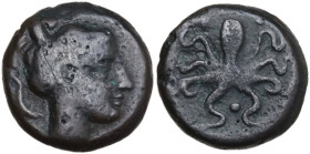 Sicily. Syracuse. Second Democracy (466-405 BC). AE Tetras, after 425 BC. Obv. Head of Arethusa right; behind and below chin, dolphin. Rev. Octopus. H...
