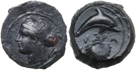 Sicily. Syracuse. Second Democracy (466-405 BC). AE Hemilitron, c. 415-405 BC. Obv. Head of Arethusa left, wearing sphendone and earring; behind, two ...