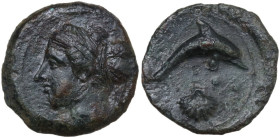 Sicily. Syracuse. Second Democracy (466-405 BC). AE Hemilitron, c. 415-405 BC. Obv. Head of Arethusa left, wearing sphendone and earring; behind, two ...