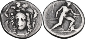 Sicily. Syracuse. Second Democracy (466-405 BC). AR Drachm, c. 410-405 BC. Obv. Head of Athena facing slightly left, wearing ornate triple-crested Att...