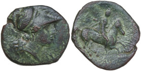 Sicily. Syracuse. Agathokles (317-289 BC). AE Tetras, c. 310-309 BC. Obv. Helmeted head of Athena right. Rev. Horseman charging right, carrying couche...