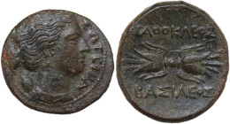 Sicily. Syracuse. Agathokles (317-289 BC). AE Litra, c. 295 BC. Obv. ΣΩTEIPA. Head of Artemis Soteira right, quiver over shoulder. Rev. AΓAΘOKΛEOΣ / B...