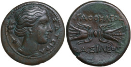 Sicily. Syracuse. Agathokles (317-289 BC). AE Litra, c. 295 BC. Obv. ΣΩTEIPA. Head of Artemis Soteira right, quiver over shoulder. Rev. AΓAΘOKΛEOΣ / B...