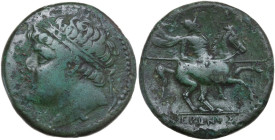 Sicily. Syracuse. Hieron II (274-215 BC). AE 27 mm. Obv. Diademed head left. Rev. Warrior, holding couched lance, on horse prancing right; IEPΩNOΣ in ...