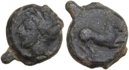 Punic Sicily. AE 18 mm, late 4th-early 3rd century BC. Obv. Head of Tanit left, wearing wreath of grain. Rev. Horse galloping right. SNG Cop. 94-97. A...