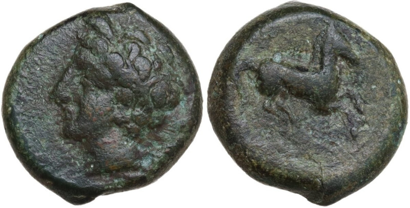Punic Sicily. AE 16 mm, late 4th-early 3rd century BC. Obv. Head of Tanit left, ...