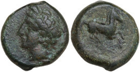 Punic Sicily. AE 16 mm, late 4th-early 3rd century BC. Obv. Head of Tanit left, wearing wreath of grain. Rev. Horse galloping right. SNG Cop. 95. AE. ...