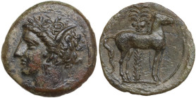Punic Sicily. AE 15 mm, late 4th-early 3rd century BC. Obv. Head of Tanit left, wearing wreath of grain. Rev. Horse standing right before palm tree. S...