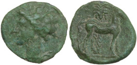 Punic Sicily. AE 15 mm, late 4th-early 3rd century BC. Obv. Head of Tanit left, wearing wreath of grain. Rev. Horse standing before palm tree right. S...