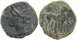 Punic Sicily. AE 16 mm, late 4th-early 3rd century BC. Obv. Head of Tanit left, wearing wreath of grain. Rev. Horse standing left before palm tree; to...