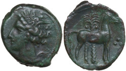 Punic Sicily. AE 17 mm, late 4th-early 3rd century BC. Obv. Head of Tanit left, wearing wreath of grain. Rev. Horse standing right in front of palm tr...