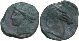 Punic Sardinia. AE 21 mm, 300-264 BC. Obv. Head of Tanit left, wearing wreath of grain. Rev. Head of horse right; below chin, Punic letter. SNG Cop. 1...