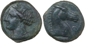 Punic Sardinia. AE 19 mm, 200-265 BC. Obv. Head of Tanit left, wearing wreath of grain. Rev. Head of horse right; below chin, Punic letter. SNG Cop. 1...