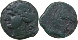 Punic Sardinia. AE Dishekel, issue of the First Punic War 264-241 BC. Obv. Head of Tanit left, wearing wreath of grain; behind, pellet within circle. ...