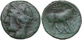 Punic Sardinia. AE 19 mm, c. 216 BC. Obv. Head of Tanit left, wearing wreath of grain. Rev. Bull standing right; above, star. SNG Cop. 387-388. AE. 4....