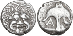 Continental Greece. Thrace, Apollonia Pontika. AR Drachm, mid-late 4th century BC. Obv. Facing head of Medusa. Rev. Anchor. A to left, crayfish to rig...
