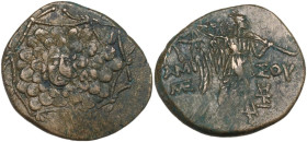 Greek Asia. Pontos, Amisos. AE 24 mm, c. 90-85 BC. Obv. Aegis. Rev. Nike advancing right, holding palm tied with fillet over left shoulder; monograms ...